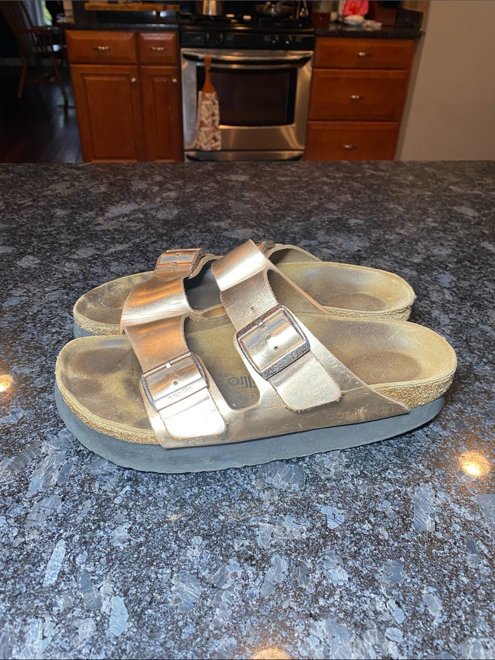 Papillio Arizona Rose Gold Metallic Leather Platform Sandals Sz 39 8/8.5